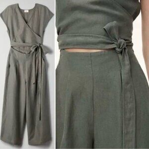 Aritzia Wilfred Brax Linen Blend Cropped V Neck Wrap Jumpsuit Sage Green Size 0
